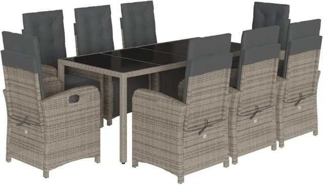 vidaXL 9-teilige Garten-Essgruppe aus grauem Poly-Rattan mit Kissen und Hartglas-Tischplatte - Bild 1