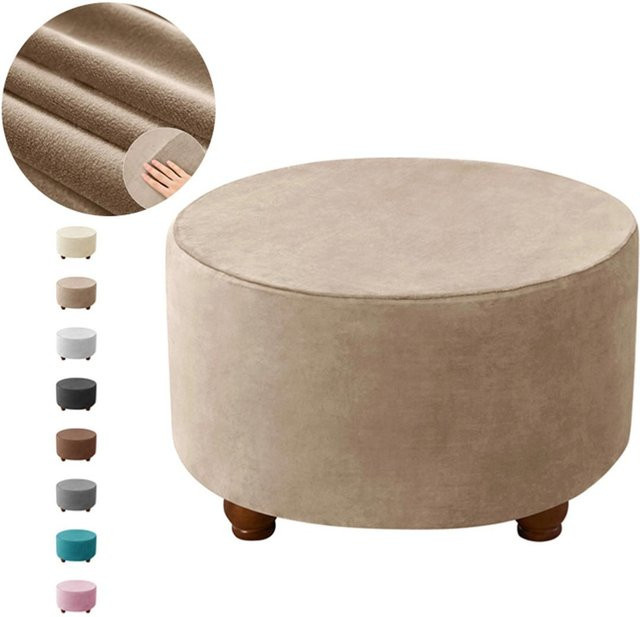 Yiran Furniture Runde Hockerbezüge aus superweichem Samt in Beige, elastischer Möbelprotektor für Fußhocker, Größe M - Bild 1