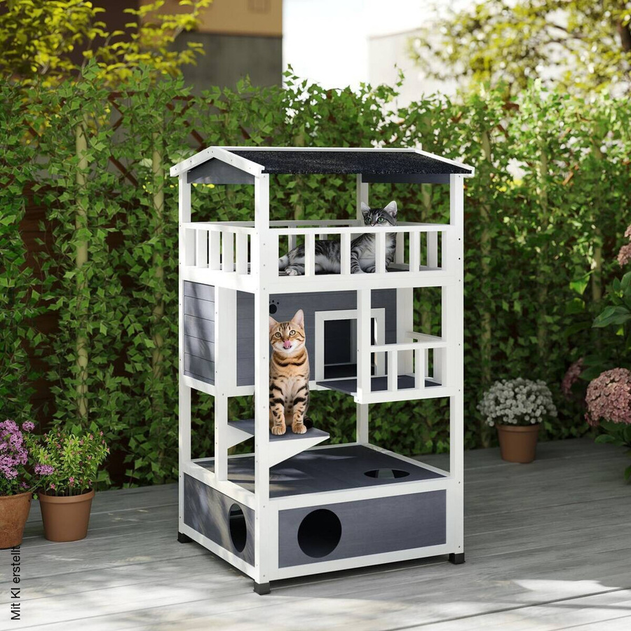 PawHut Katzenhaus aus Holz in Weiß und Grau, wetterfestes Katzenhaus für Garten, Terrasse oder Balkon mit abnehmbarem Dach und erhöhtem Boden, B/H/T: 75 x 137 x 75 cm - Bild 3