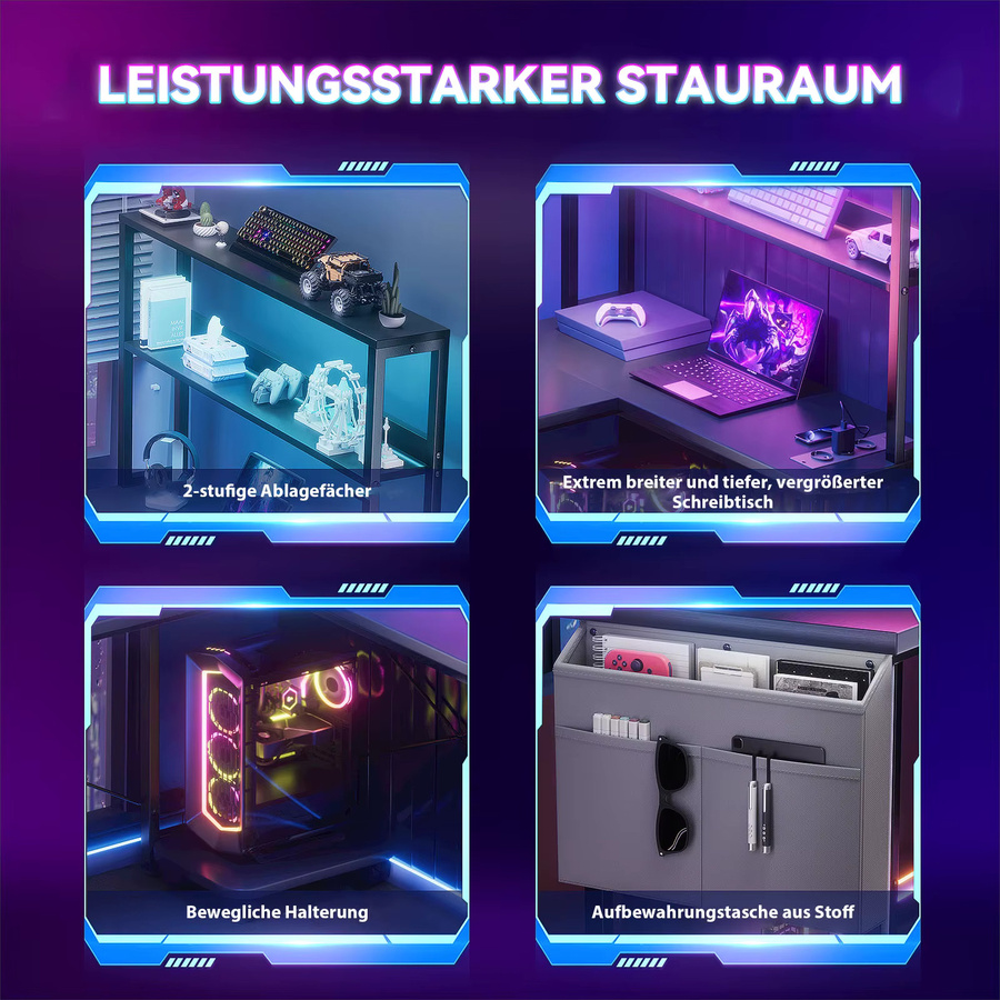 ThomP L-förmiger Gaming Schreibtisch in Schwarz mit RGB LED Beleuchtung, Regal und integrierter Steckdose, Breite: 148 cm - Bild 5