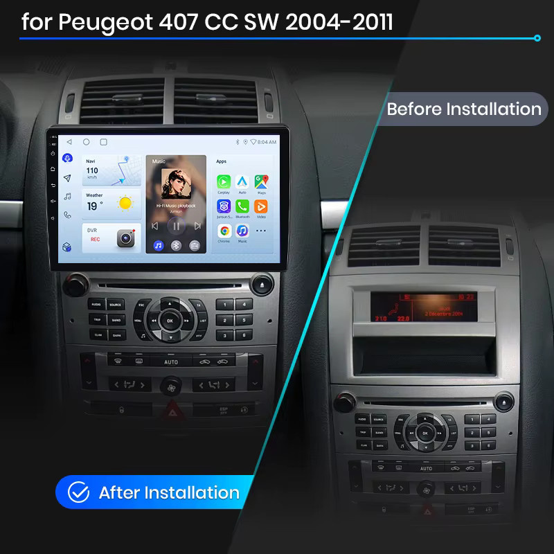 Junsun Kabelloses CarPlay und Android Auto Autoradio für Peugeot 407 Limousine SW Coupé 2004-2011 mit GPS Navigation WiFi Bluetooth und integriertem Lüfter in Schwarz - Bild 2