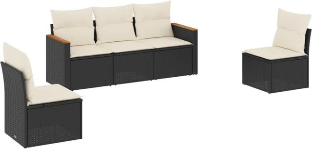vidaXL 5-tlg Garten-Sofagarnitur L-Form aus Polyrattan und Akazienholz in Schwarz mit cremeweißen Kissen und Stauraum - Bild 1