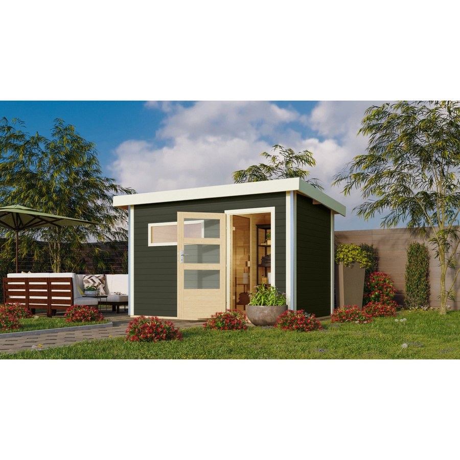 Karibu Saunahaus Hendrik 1 aus nordischer Fichte in Terragrau mit Fenster, 9kW Ofen und externer Steuerung - Bild 2