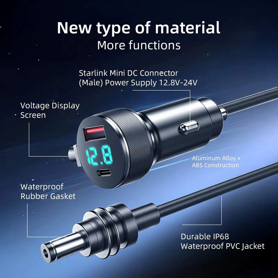 kebidumei Starlink Ladegerät Mini mit USB-C Typ-C Zigarettenanzünder QC PD 12V-24V Autoladegerät und digitalem Voltmeter, Schwarz, Wasserdichtes Verlängerungskabel - Bild 2