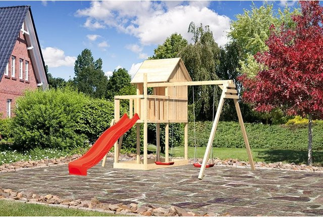 Karibu Kinderspielhaus Frieda Set mit Anbau und Rutsche in Natur und Rot - Bild 1