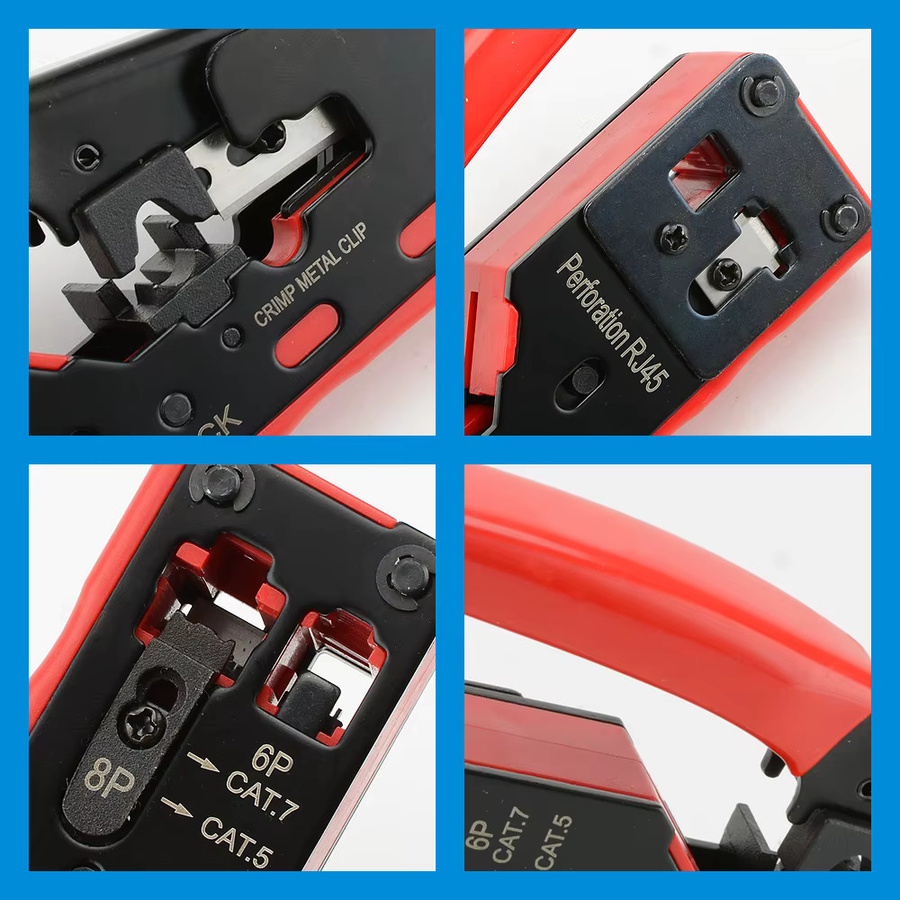 Seven Floor Cat7 RJ45 Crimpzange mit Schneid- und Abisolierfunktion für Ethernet-Kabel Cat7/6a/6/5e inklusive Ersatzklingen in Gelb und Rot - Bild 2