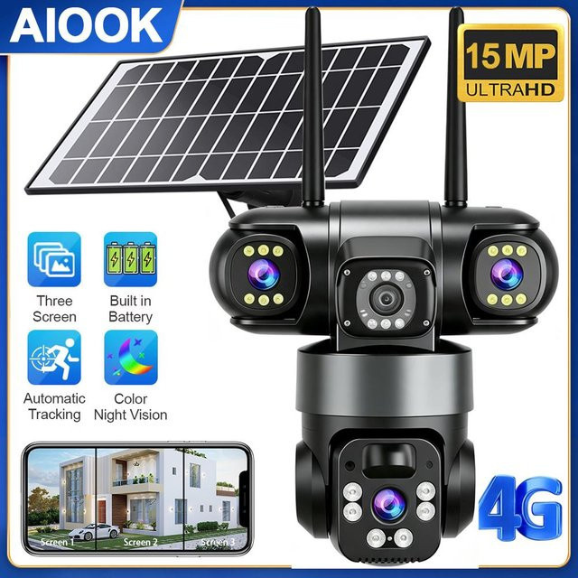 AIOOK V380 PRO HD 15MP Außen-Solarkamera mit Drei-Linsen, 4G SIM-Kamera, Wasserdicht, Zwei-Wege-Sprechanlage und PIR-Sicherheitskamera in Schwarz - Bild 1