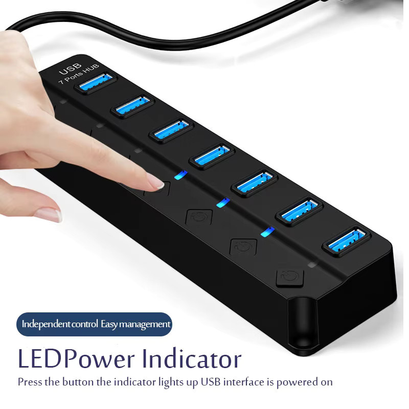 Mrgabwte 7 in 1 USB Hub mit USB 3.0 und USB 2.0 Anschlüssen, Tragbarer USB Splitter mit Ein/Aus Schalter, Schwarz - Bild 3