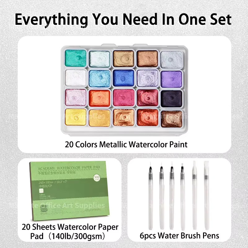 46-teiliges Metallic-Aquarellfarben-Set mit Wasserpinselstiften und Papierblock in Multicolour für professionelle Künstler - Bild 2