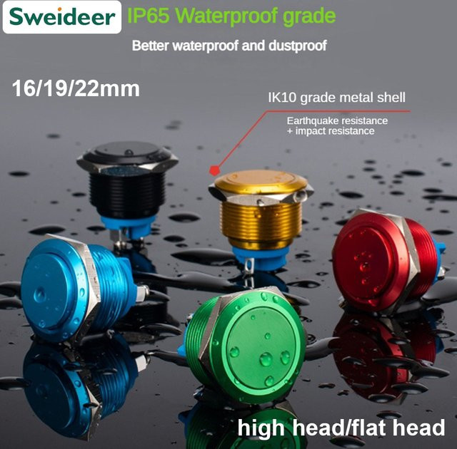 Wasserdichter Metallknopfschalter mit hohem Kopf, selbstrückstellend, verschiedene Farben (Blau, Gelb, Grün, Rot, Schwarz) - Bild 1