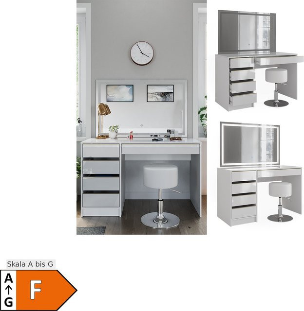 Vicco Schminktisch Sherry Weiß Hochglanz Gold mit LED-Spiegel und Hocker, B: 120 cm, T: 75 cm, H: 75 cm - Bild 1