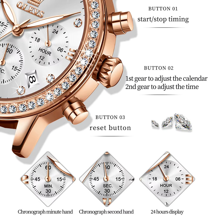 OLEVS Armbanduhr, Chronograph, Diamantbesetzt, Leder, Damen, Weiß - Bild 4
