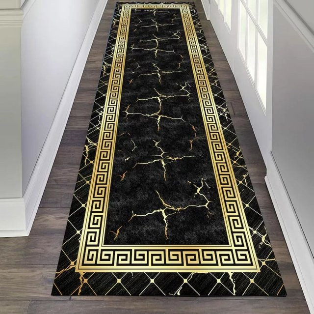 VIKAMA Läufer-Teppich in Schwarz und Gold mit Marmor-Optik, rutschfest, B/T: 40 x 120 cm - Bild 1