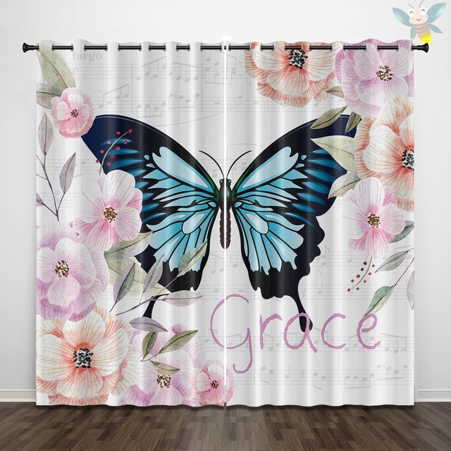 2er-Set Vorhänge mit Schmetterlings- und Blumenmuster in Schwarz und Multicolour, halbtransparent, B: 140 cm, H: 160 cm - Bild 1