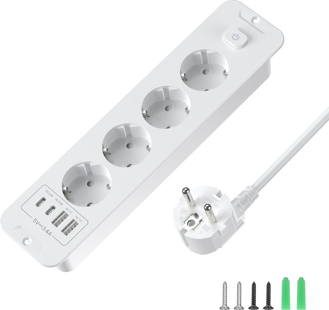 HITRENDS Desktop-Einbau-Steckdosenleiste in Weiß mit 4 oder 6 AC-Steckdosen, 2 USB-A und 2 USB-C Anschlüssen sowie Hauptschalter und 2m Verlängerungskabel - Bild 1