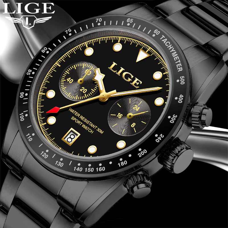 LIGE Armbanduhr Chronograph, Quarz, Edelstahl, Schwarz, Herren - Bild 5