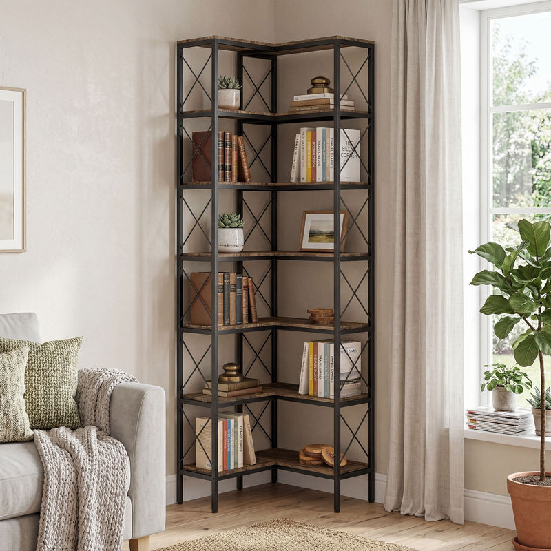 HOMCOM 6-stufiges Eckregal im Industrial Design, L-förmiges Bücherregal mit Metallrahmen in Rustikal Braun, B/T/H: 60 x 60 x 200 cm - Bild 2