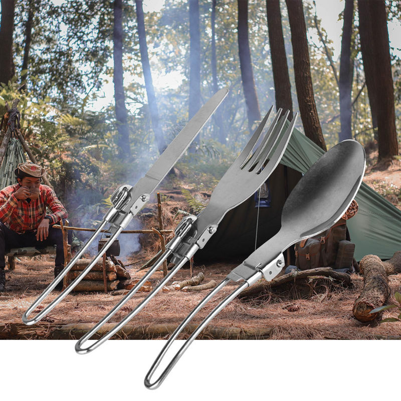Igeteck 3-teiliges Camping-Besteck-Set aus Edelstahl in Silber mit Etui, bestehend aus Klappmesser, Gabel und Löffel - Bild 3