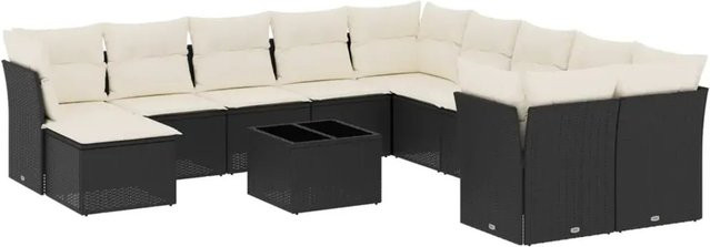 vidaXL 12-tlg. Garten-Sofagarnitur in L-Form aus Poly-Rattan mit Kissen, Schwarz - Bild 1