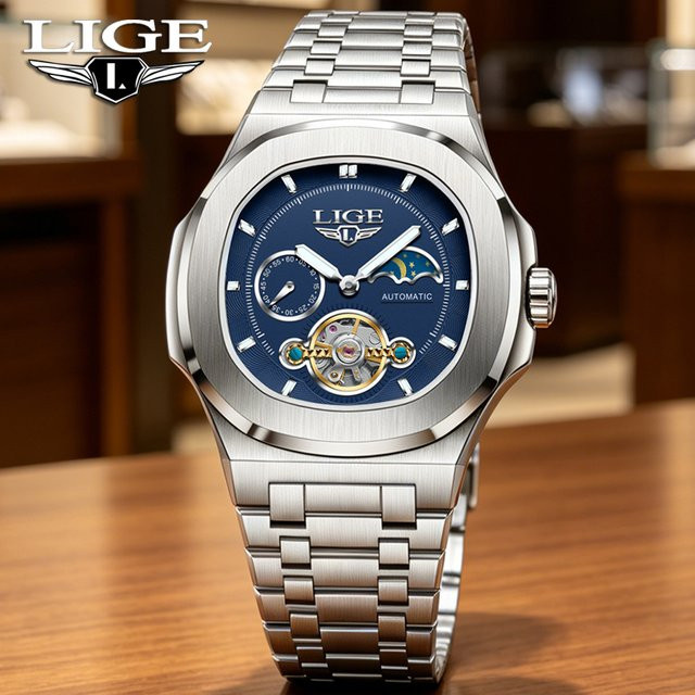 LIGE Armbanduhr Automatik, Edelstahl, Blau, Herren - Bild 1