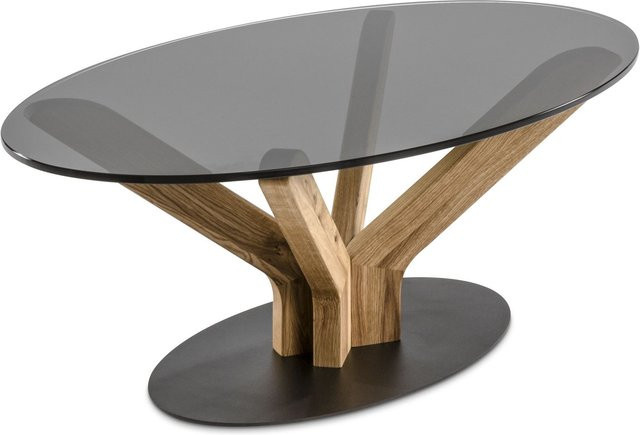 Couchtisch HASSE 1931 HR-126-45/S aus Asteiche massiv in Braun mit Rauchglas und Stahl, B/T/H: 122 x 71 x 44 cm - Bild 1