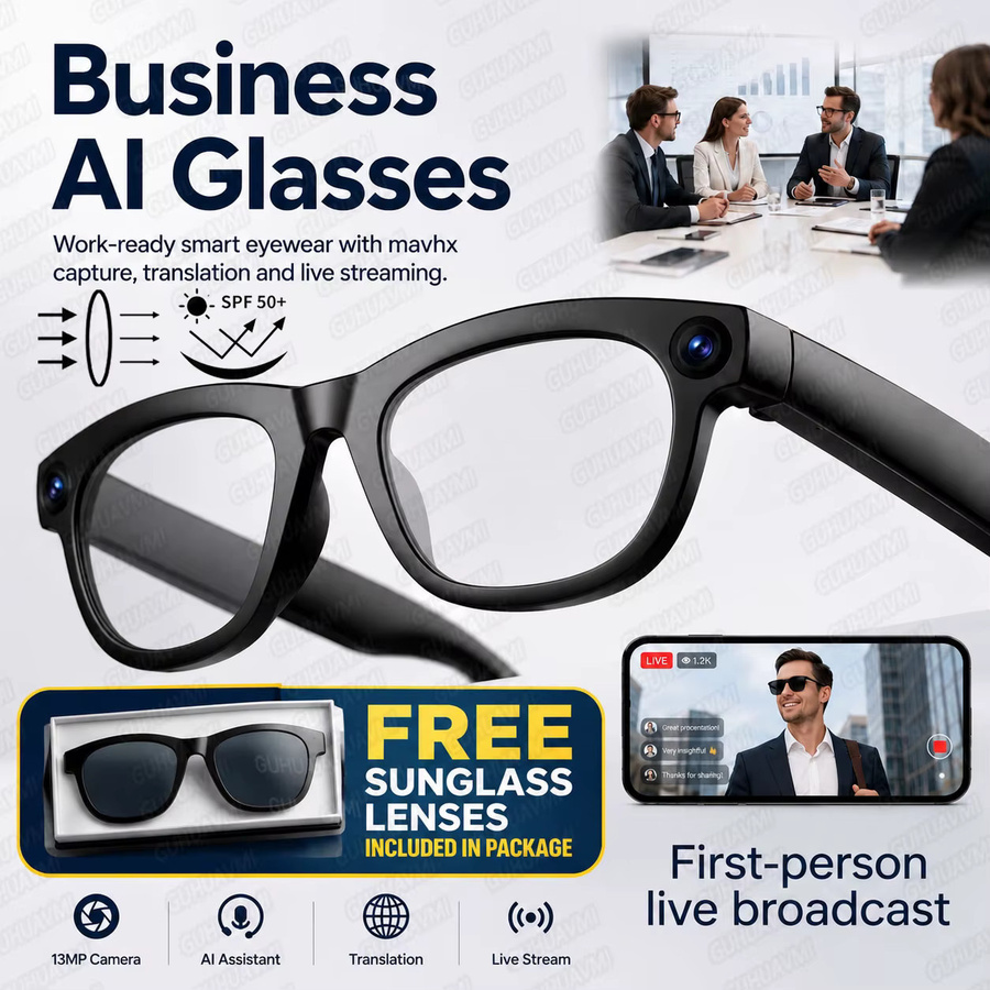 GUHUAVMI KI-Smart-Brille mit 1300W Pixel-Kamera, 32GB Speicher und Echtzeit-Übersetzung, Schwarz/Transparent - Bild 7