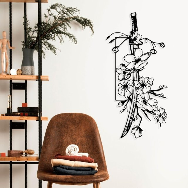 Katana Sakura Metall-Wandkunst mit japanischem Kirschblüten-Design in Schwarz von CIFBUY - Bild 1
