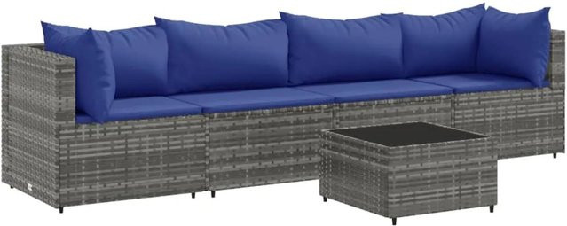vidaXL 5-tlg Garten-Lounge-Set in L-Form aus grauem Poly-Rattan mit Kissen und Couchtisch - Bild 1