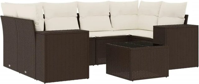 vidaXL 7-tlg. Garten-Sofagarnitur in L-Form aus Polyrattan mit Kissen in Braun - Bild 1