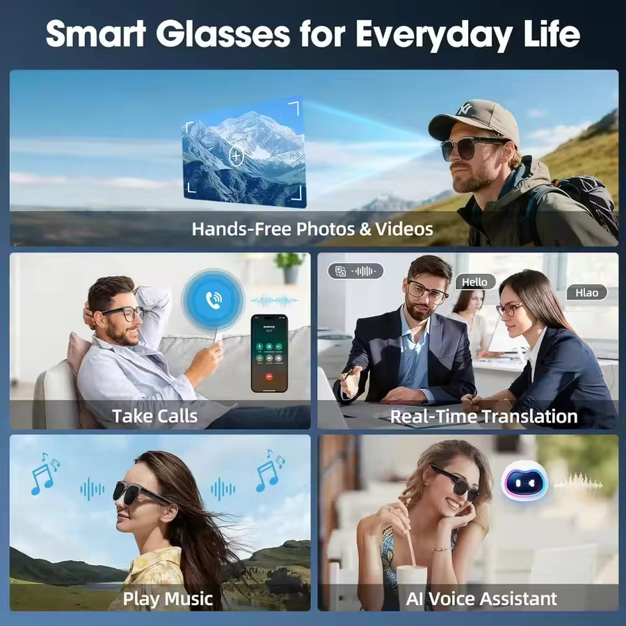 GUHUAVMI Smarte KI-Brille mit 1080P HD Videoaufnahme, ChatGPT Unterstützung, Bluetooth für Anrufe und Sprachübersetzung, Sonnenbrille für Herren, Schwarz - Bild 6