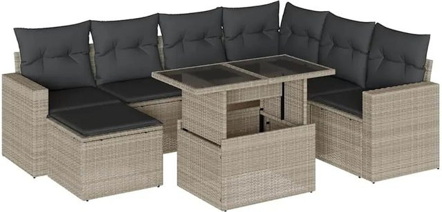 vidaXL 8-teilige Garten-Sofagarnitur in L-Form aus Polyrattan in Hellgrau mit Kissen und Metallrahmen - Bild 1