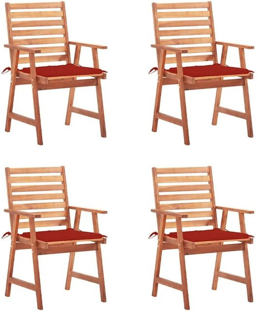 vidaXL Garten-Essstühle Set aus 4 Stück aus Massivholz Akazie mit Kissen in Braun und Rot - Bild 1