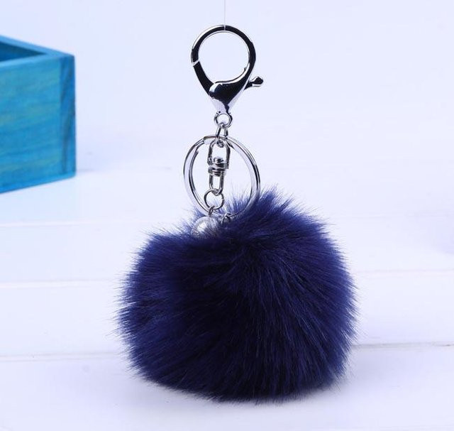 Schlüsselanhänger Damen, Pelz, Pom Pom, mit Perle, Gold dunkelblau - Bild 1