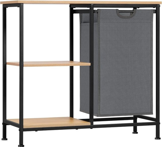 EUGAD Badregal mit Wäschekorb und 4 Ablagen, Standregal offen in Schwarz und Helle Eiche, B/T/H: 70 x 30 x 65 cm - Bild 1
