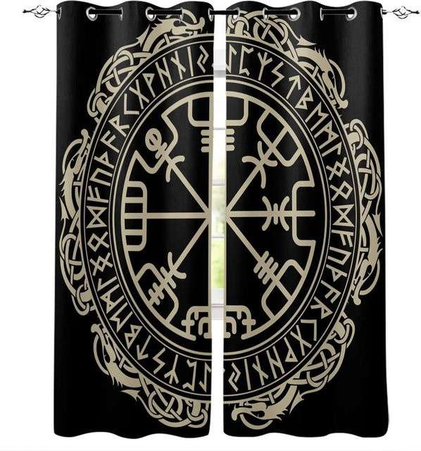 Dekorative Vorhänge mit 3D Viking Wolf Totem Motiv von A Family Of Home Textiles in Schwarz, halbtransparent mit Ösen, Höhe: 270 cm, Breite: 240 cm - Bild 1