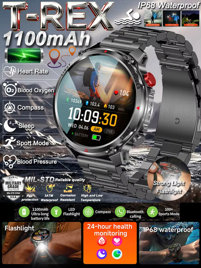 ChiBear T-Rex 3 Ultra Outdoor Sport Smartwatch für Herren in Weiß mit GPS, Bluetooth-Anruf und IP68 Wasserdichtigkeit - Bild 6