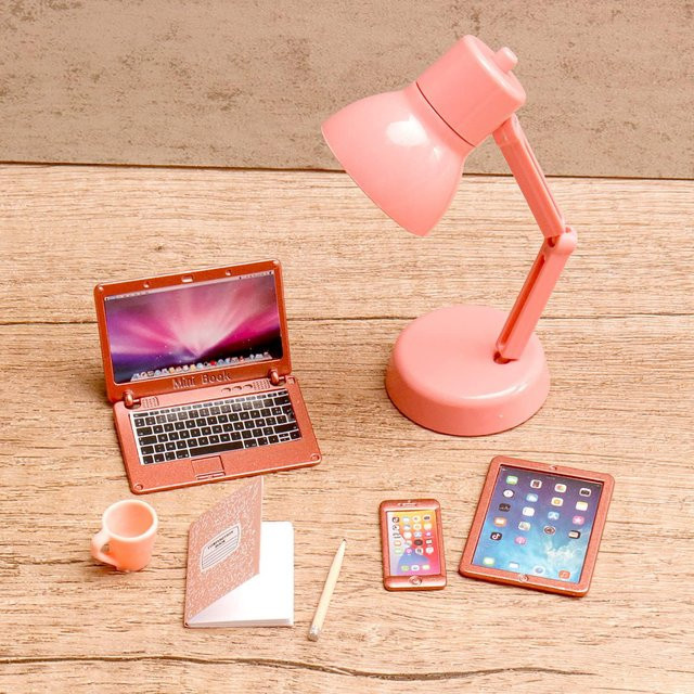 SONGYI Puppenhaus Miniatur Büro Spielset, pink, 7-teiliges Set - Bild 1