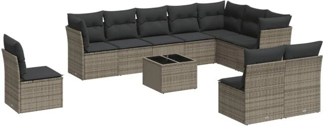 vidaXL 11-tlg Garten-Sofagarnitur aus Poly Rattan mit Kissen in Grau, Modell 28 - Bild 1