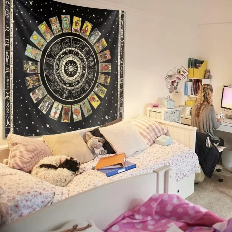 VIKAMA Tarot-Sternzeichenrad-Wandteppich mit Mandala- und Sternen-Design in Multicolour, Astrologie-Wandbehang im Boho-Stil für deine Schlafzimmerdekoration - Bild 4
