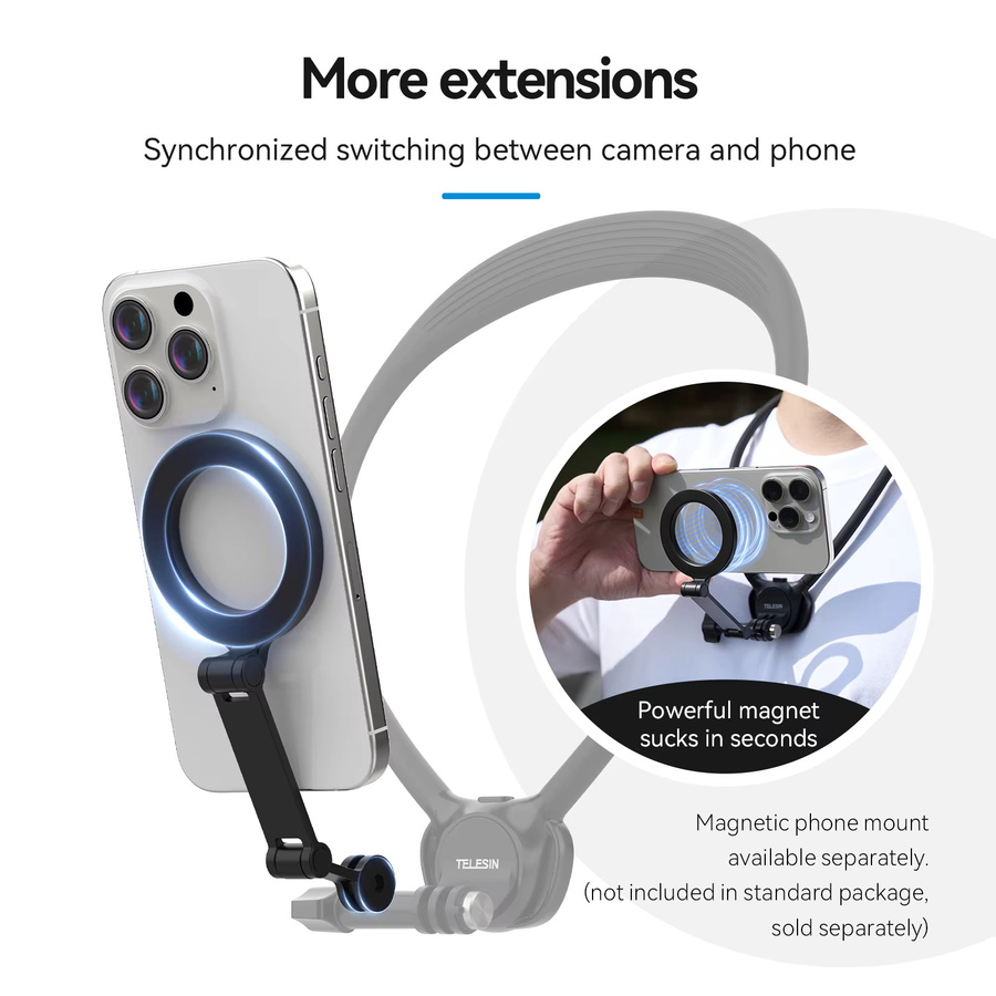 Telesin 2-in-1 Halshalterung für Action-Kameras und Smartphones in Schwarz, kompatibel mit GoPro, Insta360 und DJI OSMO Action - Bild 5