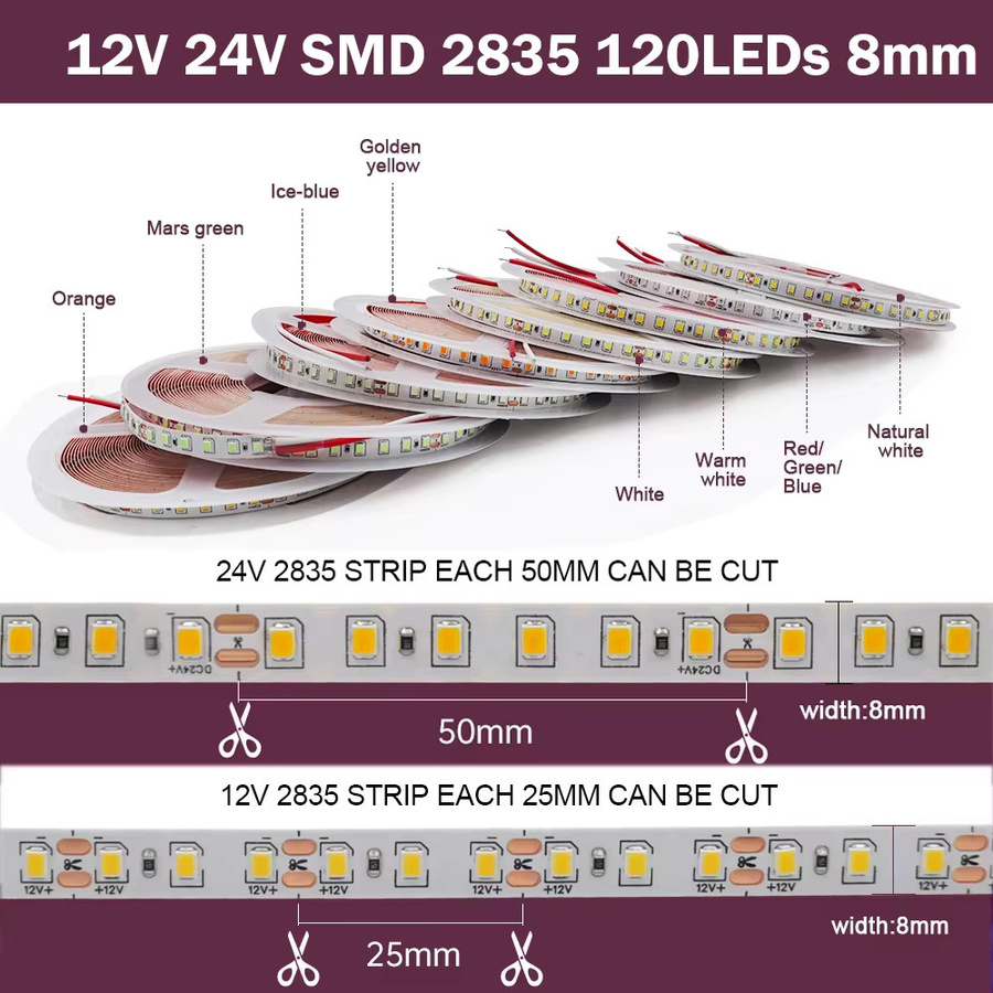 XUNATA RGB LED-Streifen SMD 2835 mit 120 LEDs/m, Multicolour, Flexibles Band für 12V oder 24V - Bild 4