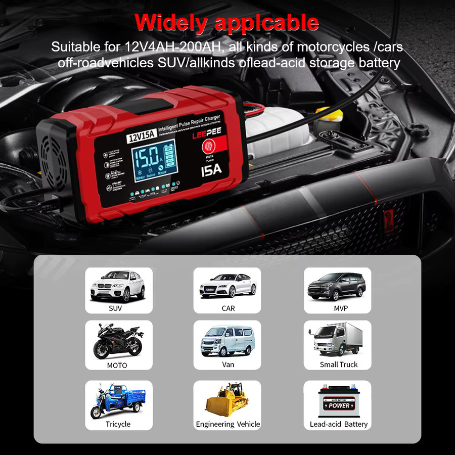 Intelligentes 12V 15A Blei-Säure Smart Batterie Ladegerät mit Puls-Reparaturfunktion für Auto und Motorrad in Rot - Bild 4