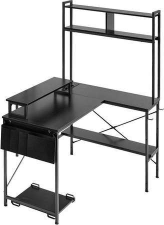 L-förmiger Gaming-Schreibtisch von Buying Solutions, MB in Schwarz mit LED-Beleuchtung, umkehrbare Eck-Konfiguration, Monitorständer, Steckdosen, CPU-Ständer mit Rollen und Regal, B/T/H: 160 x 120 x 75 cm