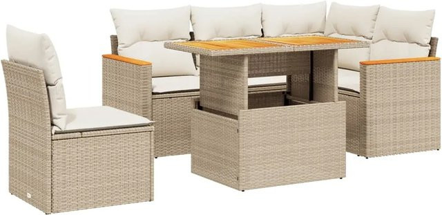 vidaXL 6-teilige Garten-Sofagarnitur in L-Form aus Poly-Rattan und Akazienholz mit Kissen in Beige-Creme - Bild 1