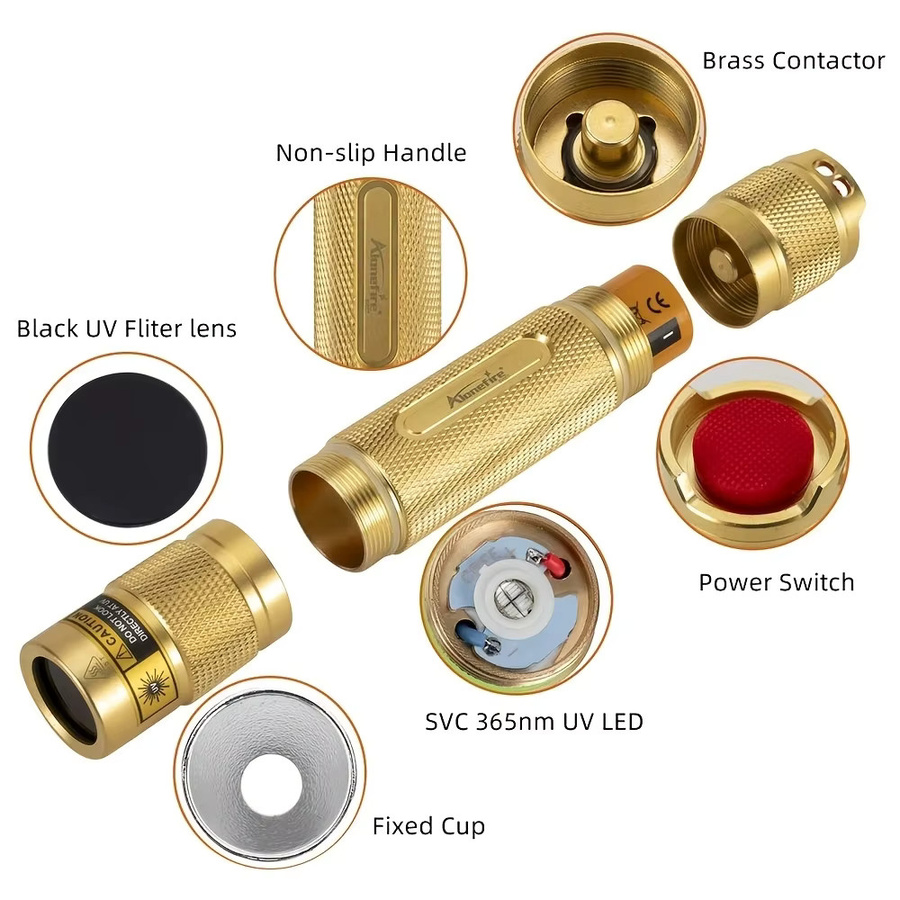 Alonefire Hochleistungs UV Schwarzlicht Taschenlampe 10W 365nm in Gold zur Detektion von Tierurin, Tinea, Erzen, Geld und Skorpionen - Bild 4
