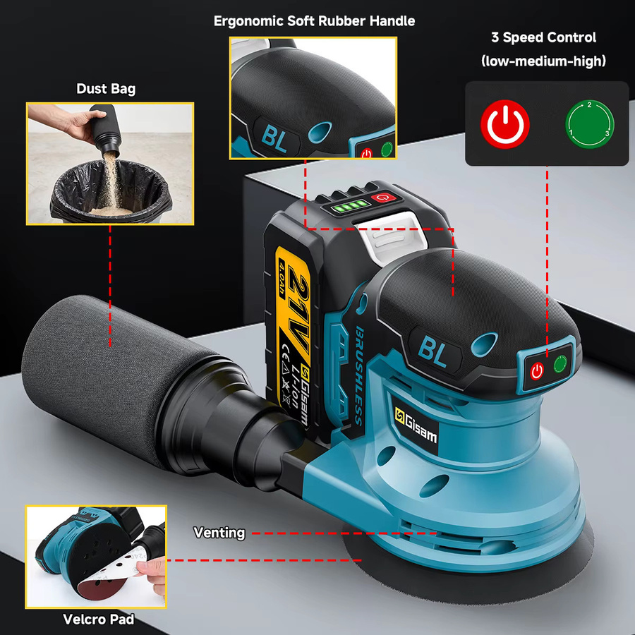 Gisam Bürstenloser Elektrischer Exzenterschleifer 125 mm in Blau, 3-Gang Schleif- und Polierwerkzeug für Holzbearbeitung, kompatibel mit Makita 18V Akku - Bild 5