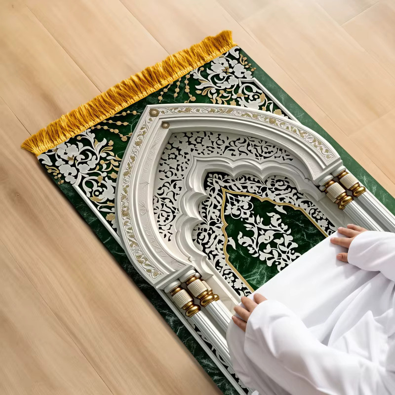 VIKAMA Gebetsmatte mit grün-goldenen Bögen im Retro-Design, tragbare muslimische Gebetsmatte für die Anbetung - Bild 3