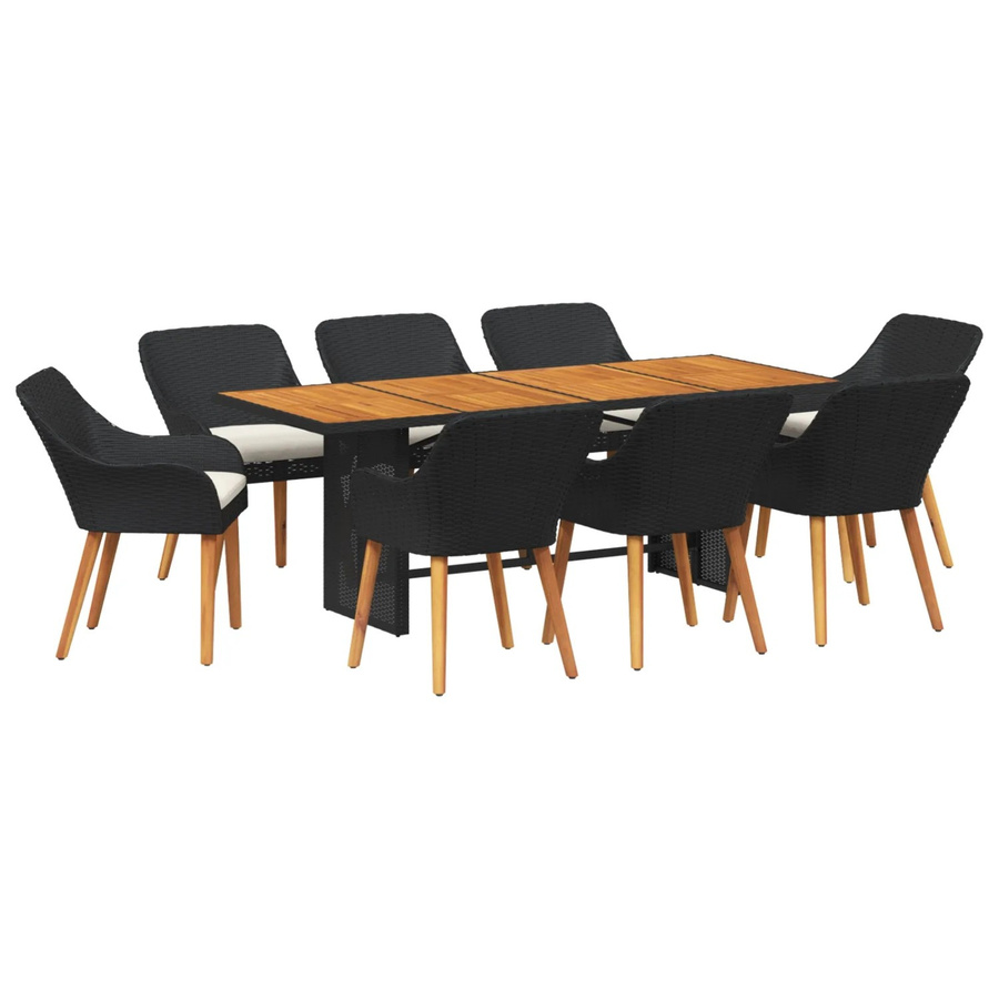 vidaXL 9-teiliges Garten Esstisch Set aus schwarzem Poly Rattan und Akazienholz für Terrasse und Garten - Bild 2