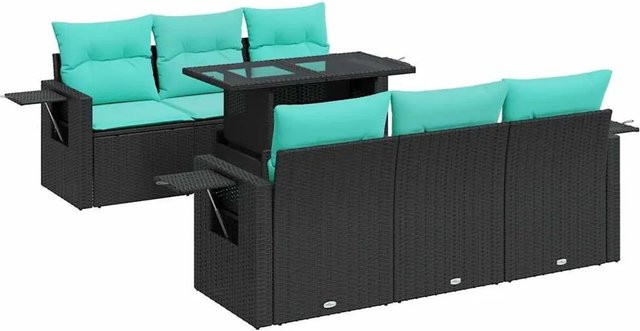 vidaXL 7-teilige Garten-Sofagarnitur in U-Form aus Poly-Rattan und Akazie mit Kissen in Schwarz - Bild 1