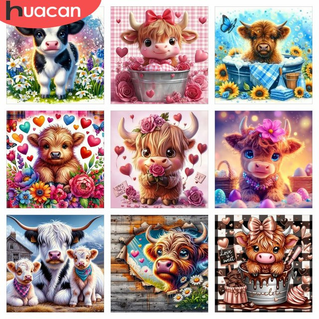 HUACAN Diamant-Mosaik Set mit Kuh-Tiermotiv und Blumen-Cartoon, rund, mehrfarbig - Bild 1